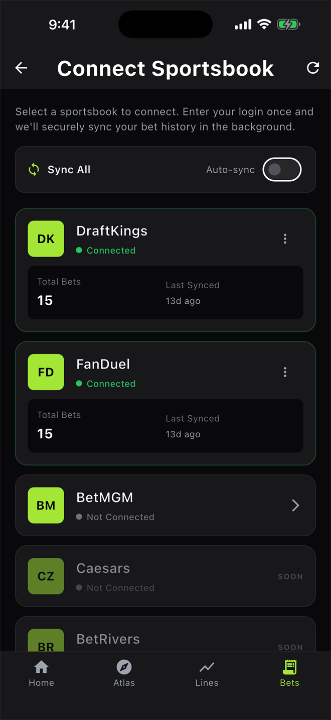 Connect Sportsbook screen with DraftKings and FanDuel connected and BetMGM available