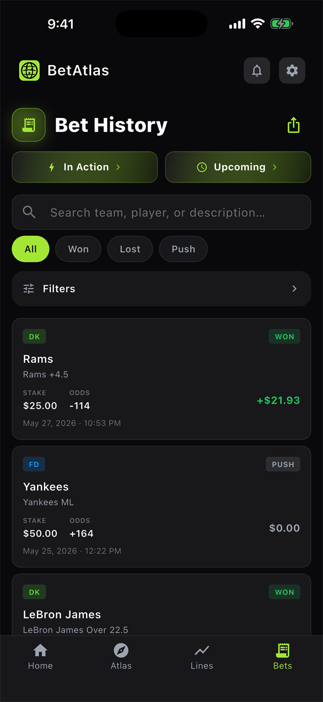 Bet History list with search, filters, and bets from DraftKings and FanDuel