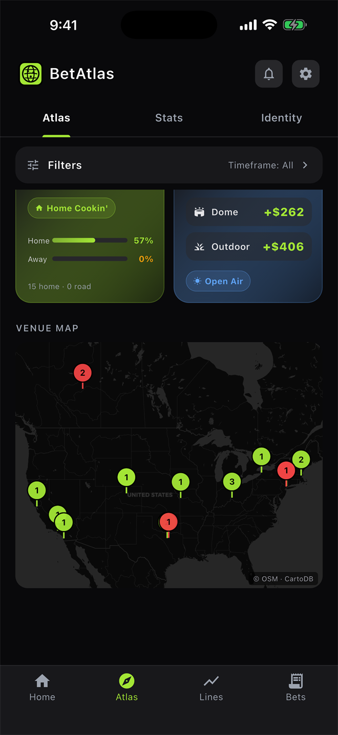 Venue map of the US with green and red pins for every stadium bet on